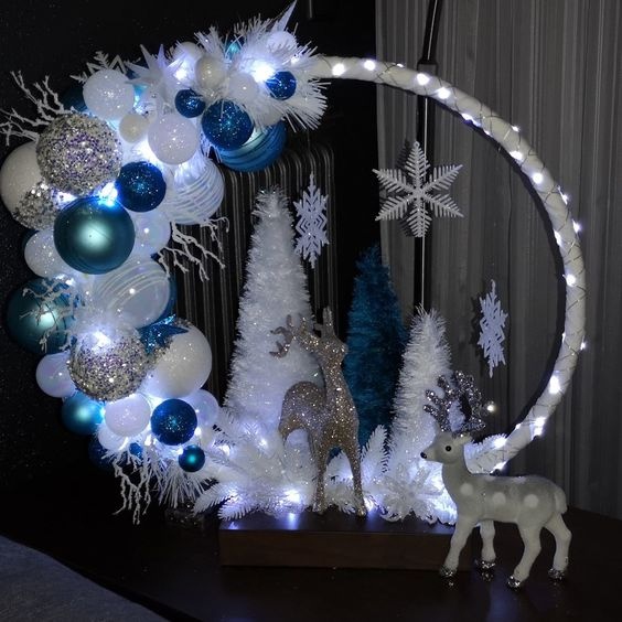 Круглый новогодний декор синими и голубыми шарами Волшебные идеи для вдохновения